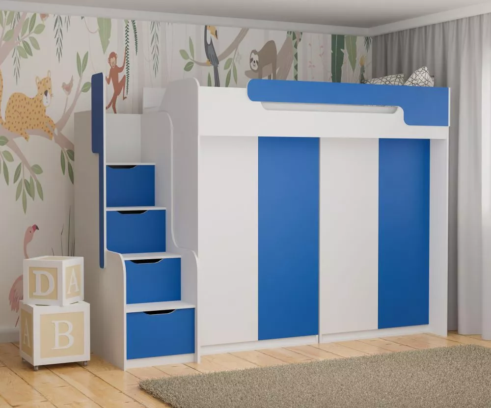 Bērnu gulta Dorian 4 90x200 ar stelāžu Guļamvietas platums: 90 cm, Guļamvietas garums: 200 cm, · 104 × 260 × 187 cm