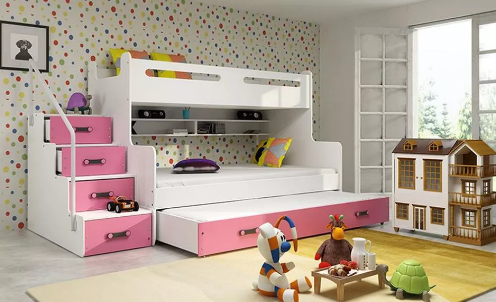 Bērnu gulta Max 3 Premium ar stelāžām Guļamvietas platums: 120 cm, Guļamvietas garums: 200 cm, · 124 × 258 × 145 cm