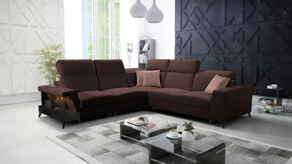 Dīvāns Belutti 3 Satin Black Standard ar LED · Tumši brūns · 288 × 288 × 84 cm