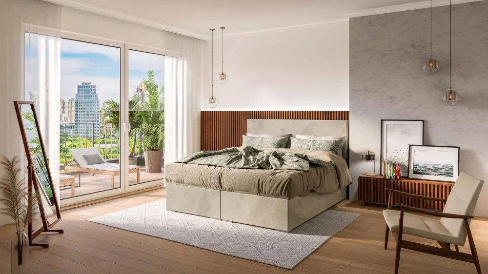 Gulta Lemo Boxspring Standard Guļamvietas platums: 160 cm, Guļamvietas garums: 200 cm, · Gaiši bēšs · 160 × 207 × 118 cm