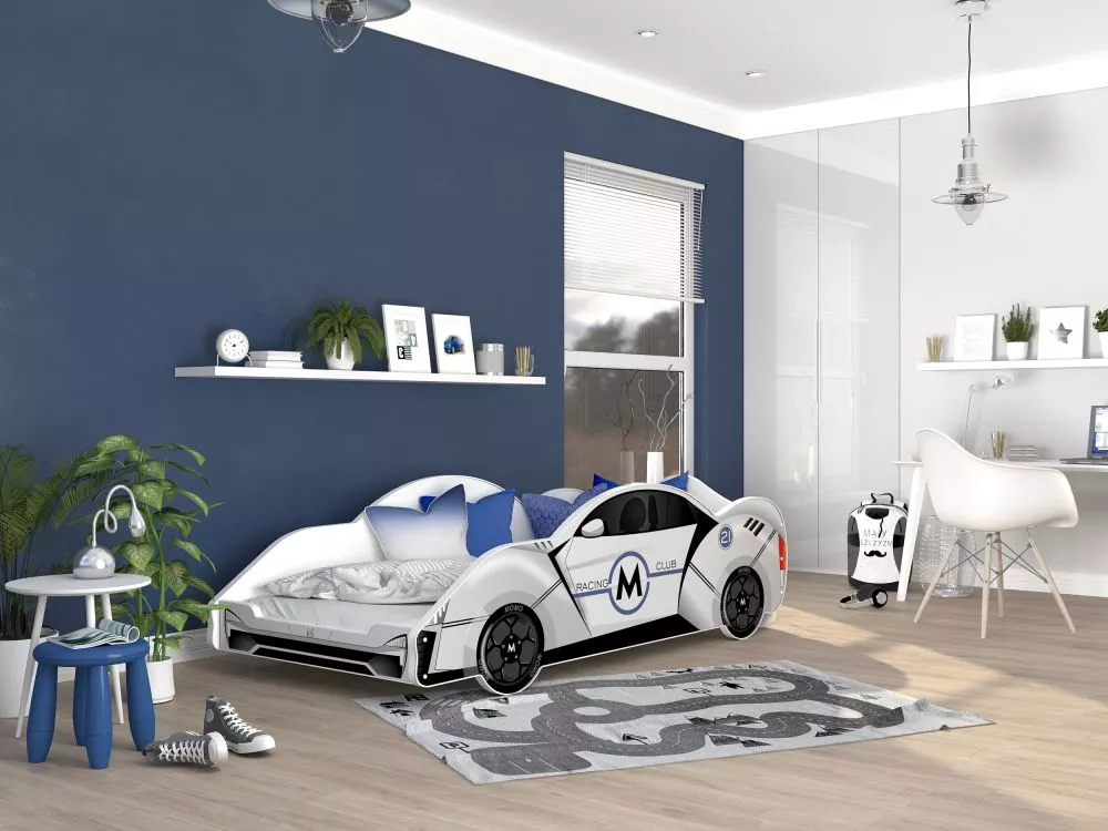 Bērnu gulta Cars 90x180 ar stelāžu Guļamvietas platums: 90 cm, Guļamvietas garums: 180 cm, · Balts · 94 × 203 × 61 cm