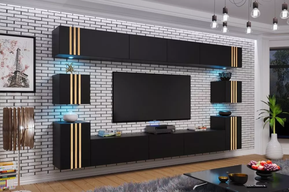 Sekcija Idys ar LED · Melns · 302 × 35 × 210 cm