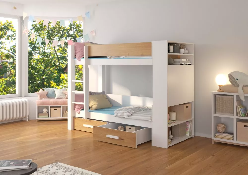 Gulta Garet ar stelāžam Guļamvietas platums: 80 cm, Korpusa krāsa: balts, Guļamvietas garums: 180 cm, stelāžas tips: kok