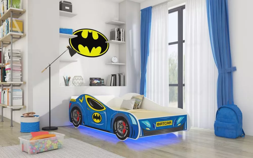 Bērnu gulta Car 2 Batcar ar LED un stelāžu · Daudzkrāsains · 74 × 153 × 48 cm