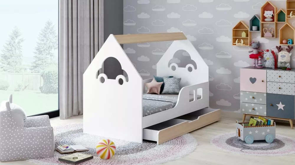 Bērnu gulta House Comfort ar stelāžu Guļamvietas platums: 70 cm, Guļamvietas garums: 140 cm, · 74.5 × 145 × 106 cm