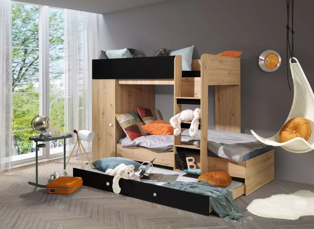 Bērnu gulta Smart 2 ar stelāžām Guļamvietas platums: 90 cm, Guļamvietas garums: 200 cm, · 94.4 × 254.4 × 165 cm