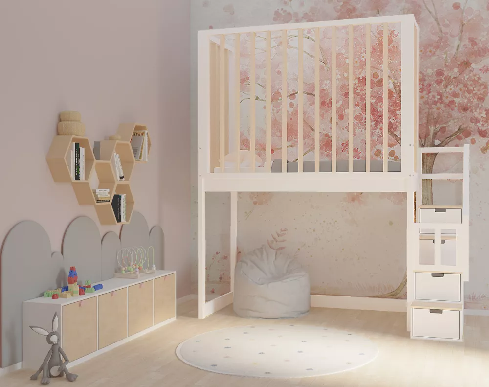 Bērnu gulta 116A ar stelāžu Kāpņu puse: Pa labi, Guļamvietas platums: 90 cm, Guļamvietas garums: 200 cm, · 119 × 252 × 2