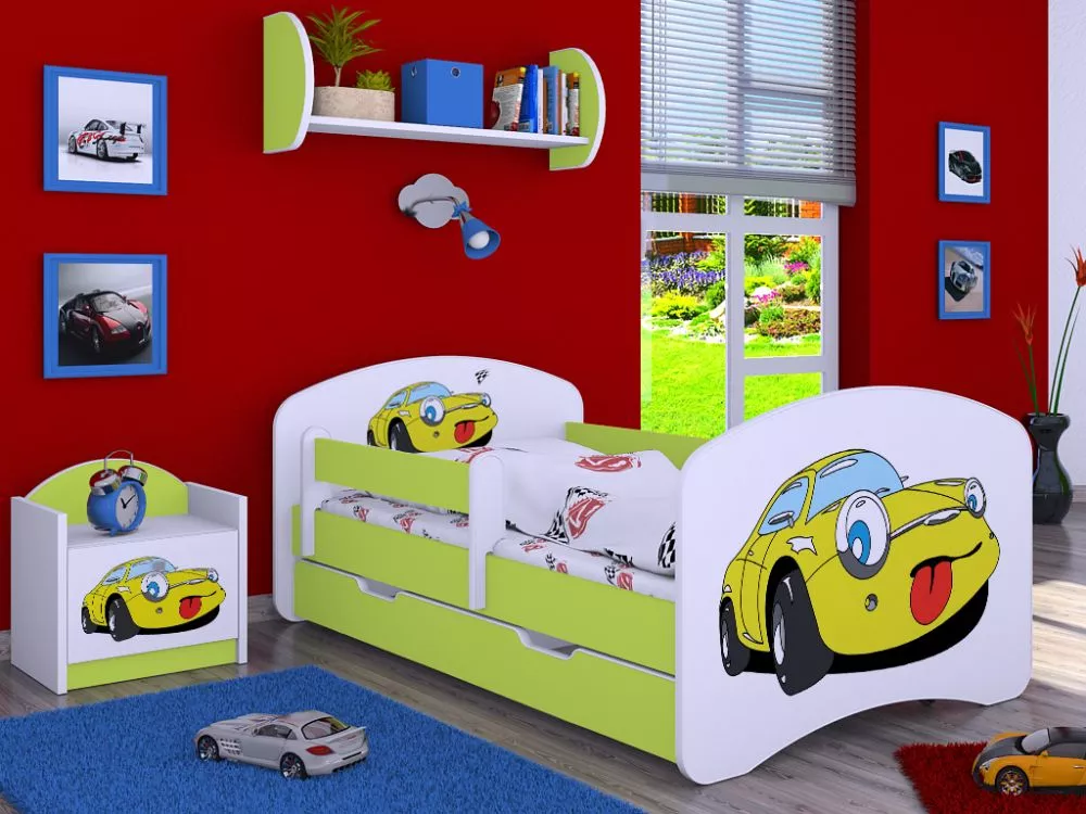 Bērnu gulta Happy L02 Zolty Samochodzik 140x70 ar stelāžu Guļamvietas platums: 70 cm, Guļamvietas garums: 140 cm, · 82 ×