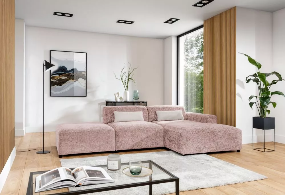 Dīvāns Roma Corner Standard ar pufu · Rozā · 165 × 304 × 75 cm