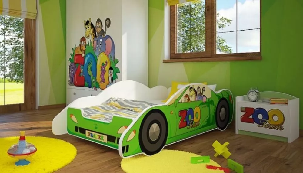Bērnu gulta Auto Zenith Zoo ar stelāžu Guļamvietas platums: 90 cm, Guļamvietas garums: 190 cm, · Zaļš · 94 × 210 × 59 cm