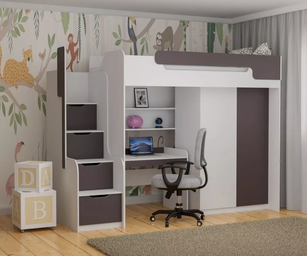 Bērnu gulta Dorian 3 90x200 ar stelāžu Guļamvietas platums: 90 cm, Guļamvietas garums: 200 cm, · 104 × 260 × 187 cm