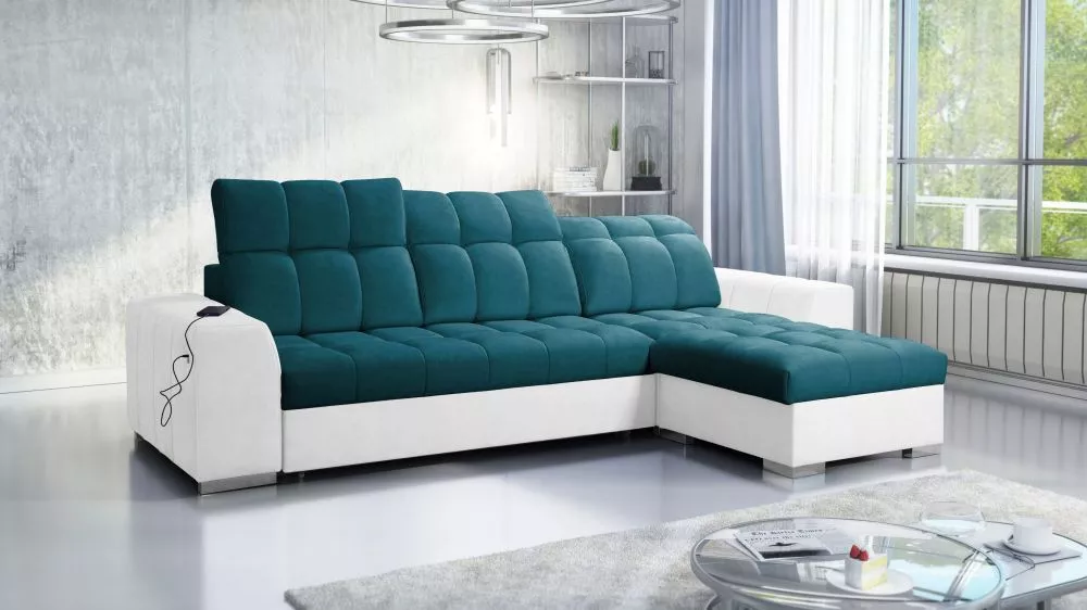 Dīvāns Pagano 1 Premium Standard · Tirkīzs + balts · 179 × 291 × 83 cm