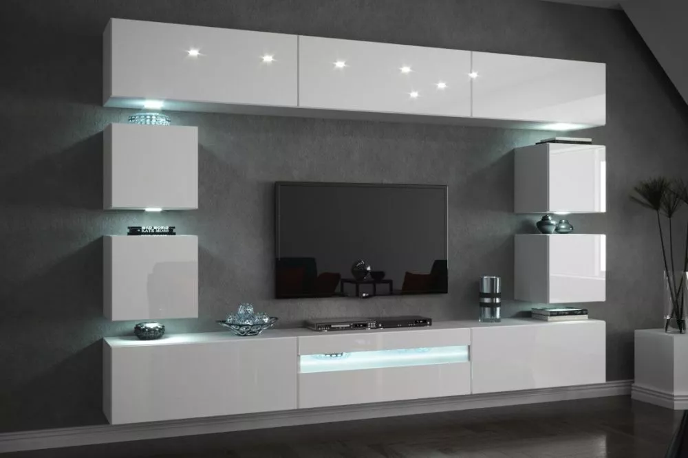 Sekcija Concept 81 gloss ar LED · Balts · 257 × 35 × 184 cm