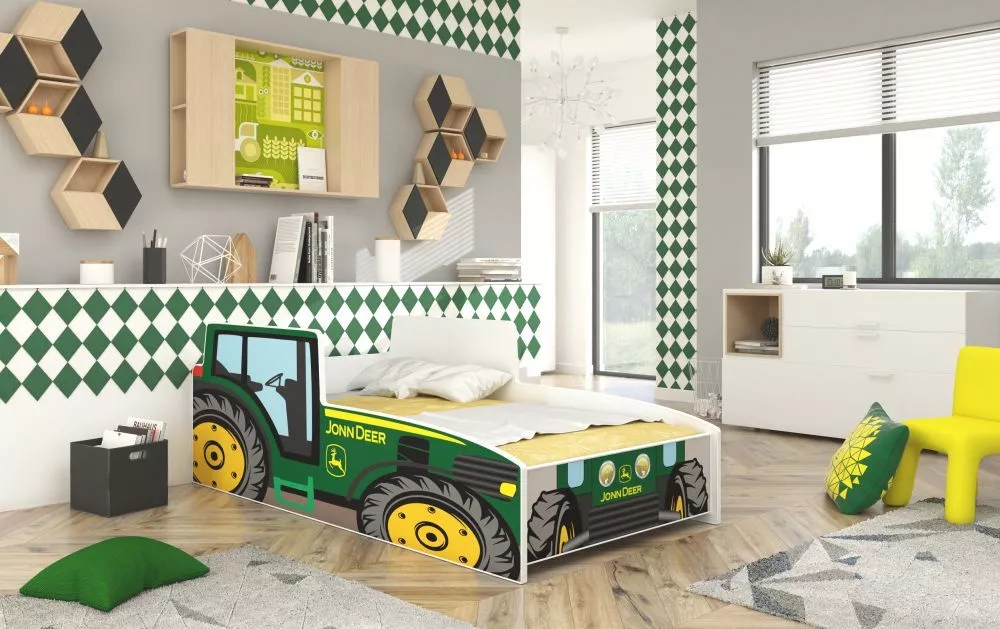 Bērnu gulta Farmer Tractor ar stelāžu Guļamvietas platums: 80 cm, Guļamvietas garums: 160 cm, · Zaļš · 84 × 165 × 49 cm