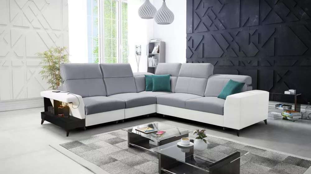 Dīvāns Belutti 3 Satin Black Standard ar LED · Pelēks + balts · 288 × 288 × 84 cm