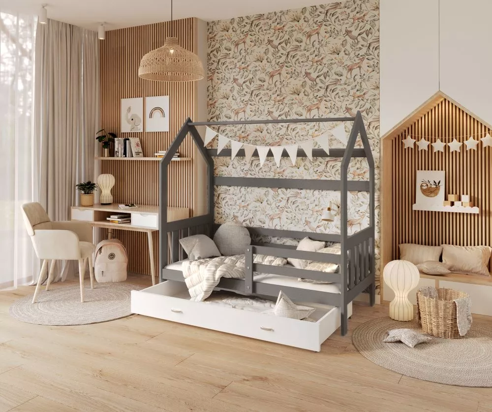 Bērnu gulta Domek 80x190 2 ar stelāžu Guļamvietas platums: 80 cm, Guļamvietas garums: 190 cm, · 84 × 194 × 180 cm