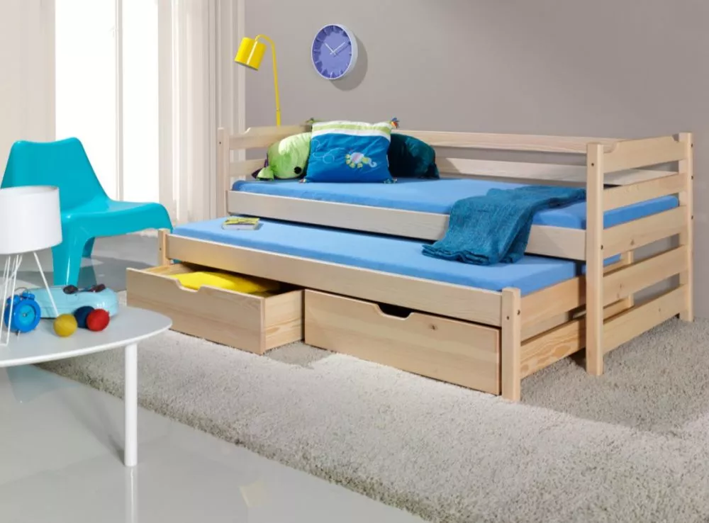 Bērnu gulta Marcin 1 ar stelāžām Guļamvietas platums: 80 cm, Guļamvietas garums: 180 cm, · Priede · 87 × 190 × 77 cm