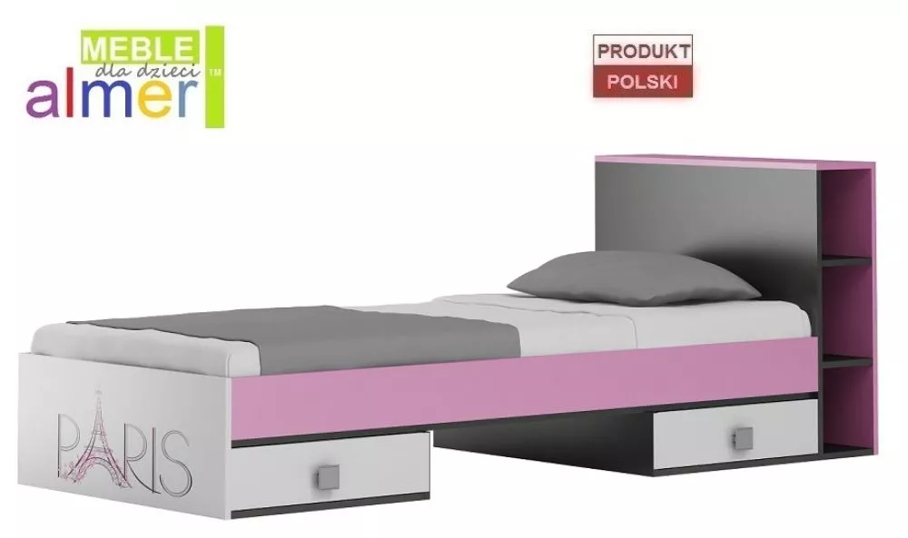 Bērnu gulta Paris Y19 ar stelāžu Guļamvietas platums: 90 cm, Guļamvietas garums: 200 cm, · 94 × 226 × 90 cm