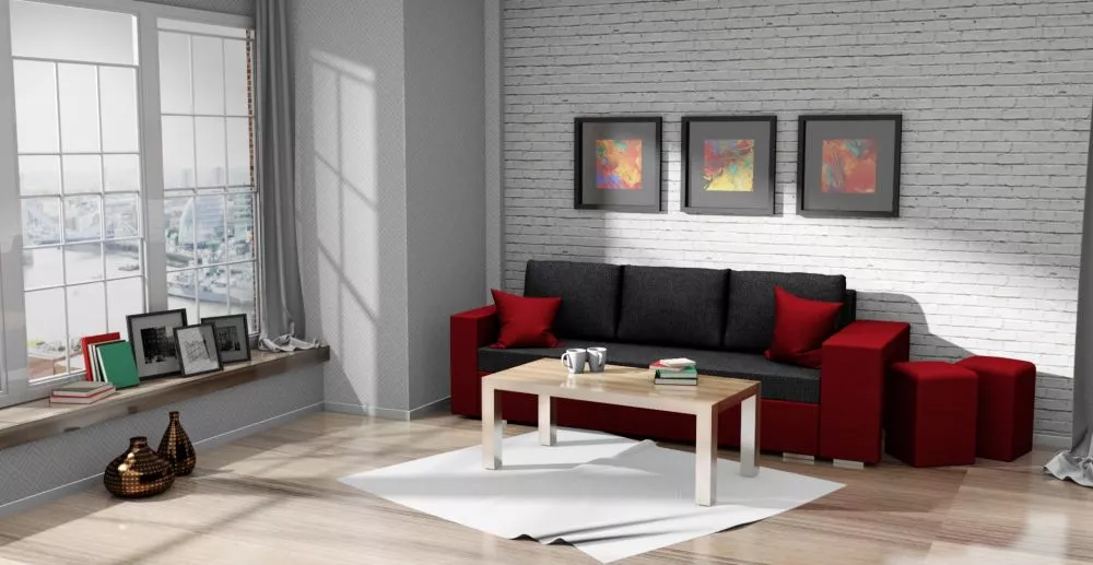 Dīvāns Salsa standard ar pufiem · Grafīts + sarkans · 85 × 237 × 90 cm