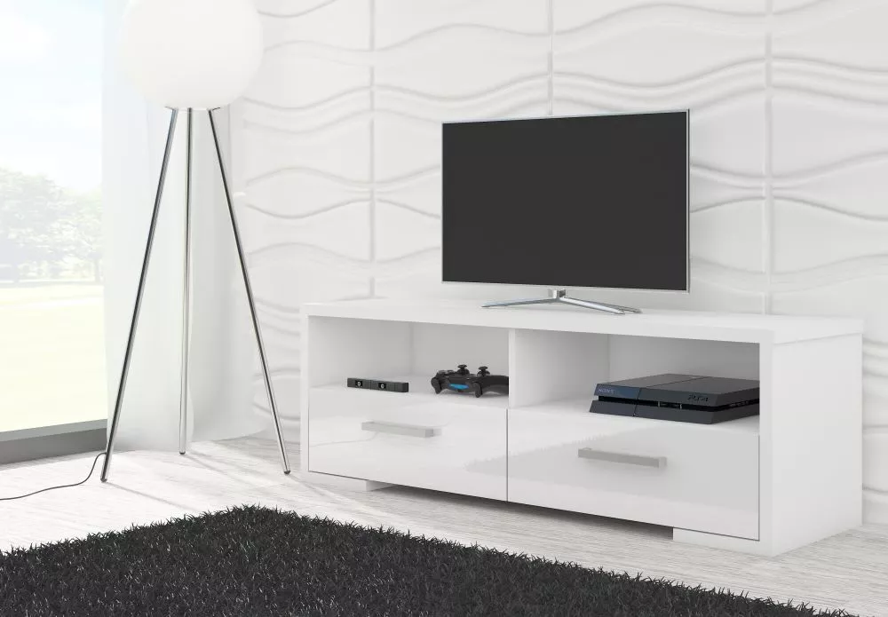 TV tumba Roma Meblo · Balts + balts spīdums · 120 × 37 × 41.3 cm
