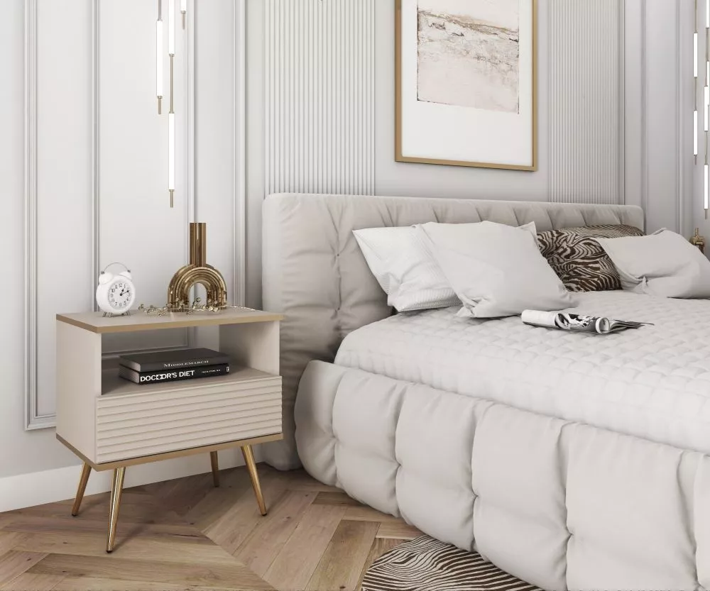 Naktsgaldiņš ORO MDF S54 Korpusa krāsa: bēšs, Elementu krāsa: zelts, · 54 × 39 × 59 cm
