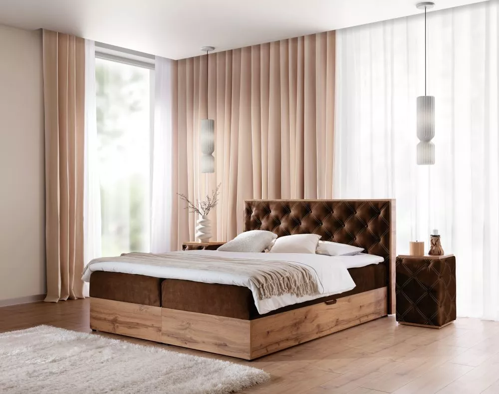 Gulta Wood-10 Boxspring Standard Guļamvietas platums: 180 cm, Guļamvietas garums: 200 cm, · Tumši brūns · 189 × 210 × 10