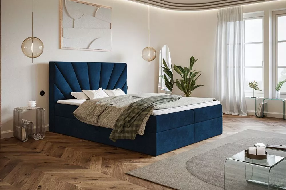 Gulta Box 6 Boxspring standard Guļamvietas platums: 140 cm, Guļamvietas garums: 200 cm, · Zils · 140 × 214 × 112 cm