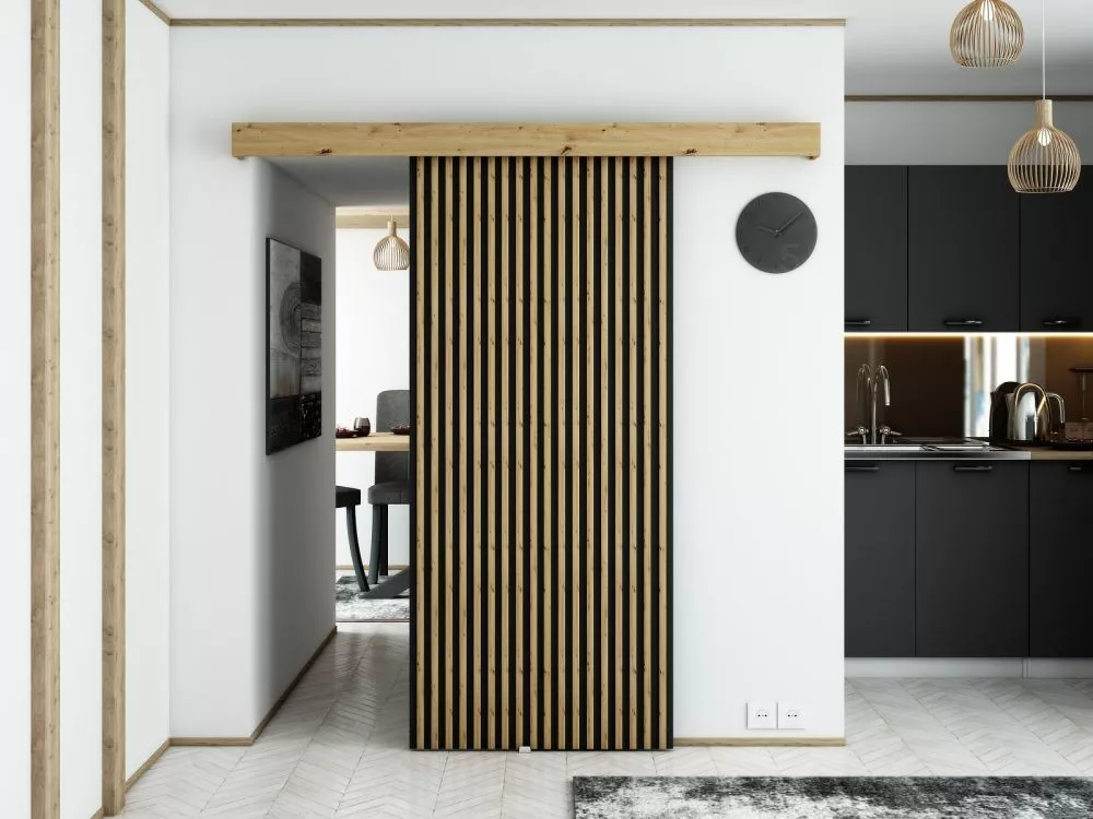 Bīdāmās durvis Modern 1 Artisan · Ozols artisan + melns · 90 × 204 cm
