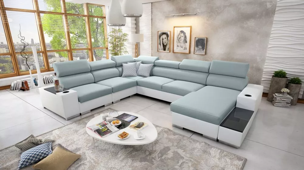 Dīvāns Perseo 8 Eco Standard · Gaiši zils + balts · 282 × 358 × 95 cm
