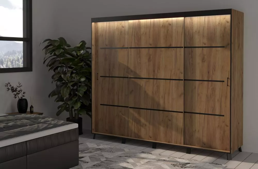 Skapis Berke ar LED · Ozols craft zelts · 250 × 61 × 215 cm