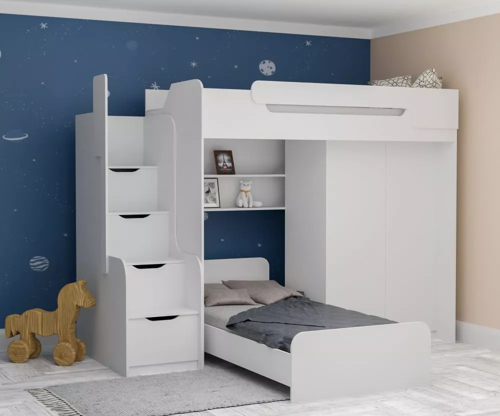 Bērnu gulta Dorian 2 90x200 ar stelāžām Guļamvietas platums: 90 cm, Guļamvietas garums: 200 cm, · 205 × 260 × 187 cm