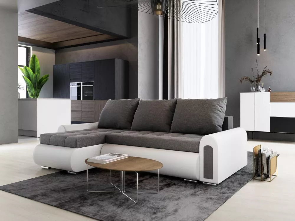 Dīvāns Ontario Corner standard · Tumši pelēks + balts · 150 × 244 × 81 cm