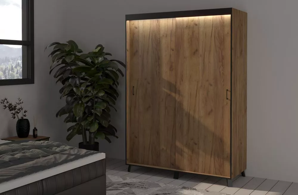 Skapis Bergamo ar LED · Ozols craft zelts · 150 × 61 × 215 cm