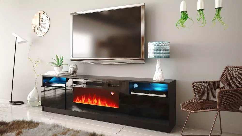 TV tumba Ylax 200 ar kamīnu · Melns · 200 × 35 × 57 cm