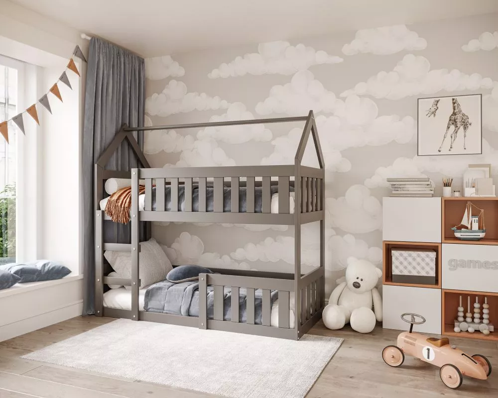 Bērnu gulta Domek Mini 80x190 ar stelāzām Guļamvietas platums: 80 cm, Guļamvietas garums: 190 cm, · Tumši pelēks · 84 × 