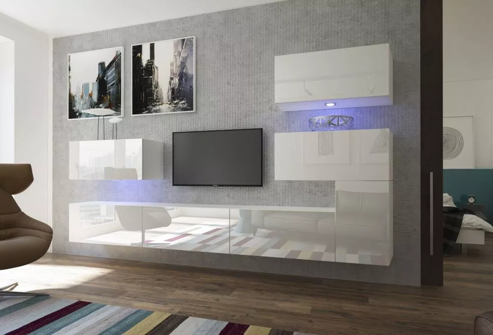 Sekcija Next 123 ar LED · Balts · 302 × 35 × 182 cm