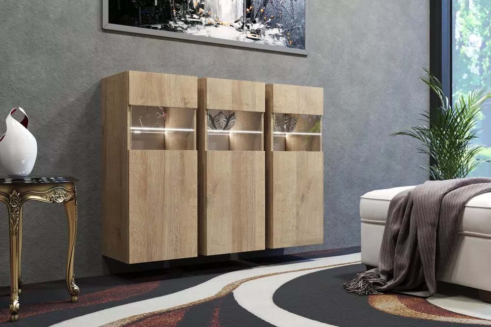 Kumode Otivar ar LED · Zelta ozols · 121 × 35 × 91 cm