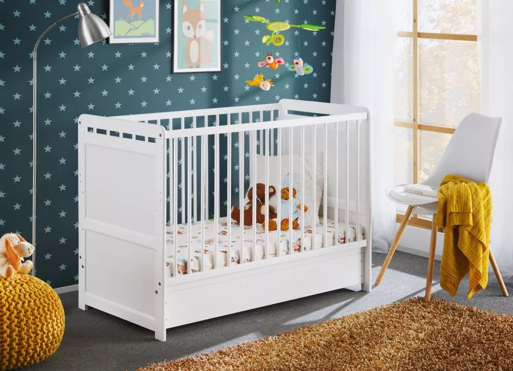 Bērnu gulta Tymek ar stelāžu Guļamvietas platums: 60 cm, Guļamvietas garums: 120 cm, · Balts · 67 × 124 × 86 cm