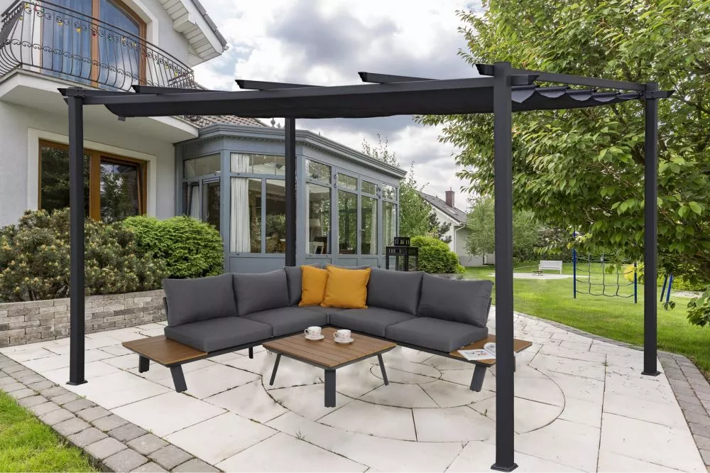Dārza paviljons Bakio 4x3 Materiāls: alumīnijs + poliesters, · Tumši pelēks · 237 × 404 × 295 cm