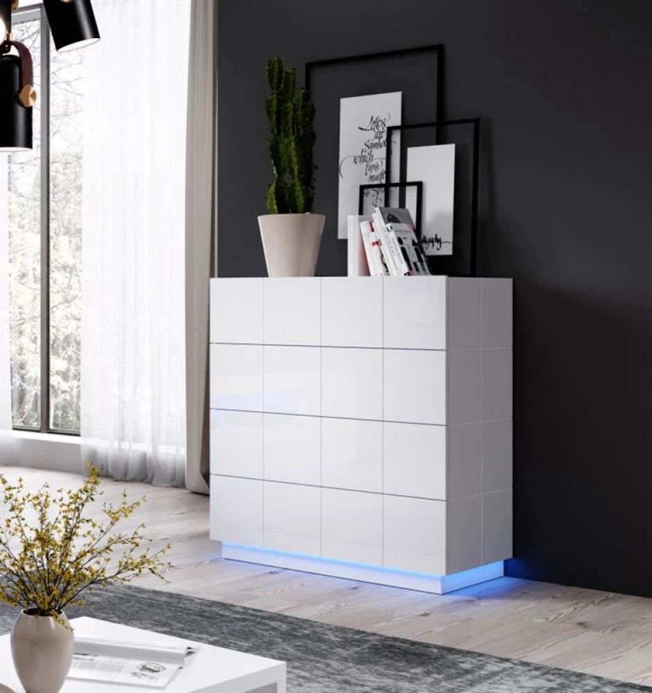 Kumode Reja 4SZ ar LED · Balts · 91 × 45 × 104 cm
