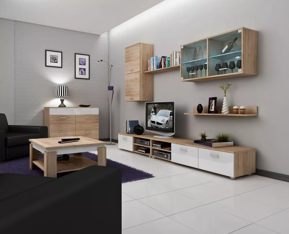 TV tumba Magic mag 04 · Sonoma + balts spīdums · 96 × 38 × 29 cm