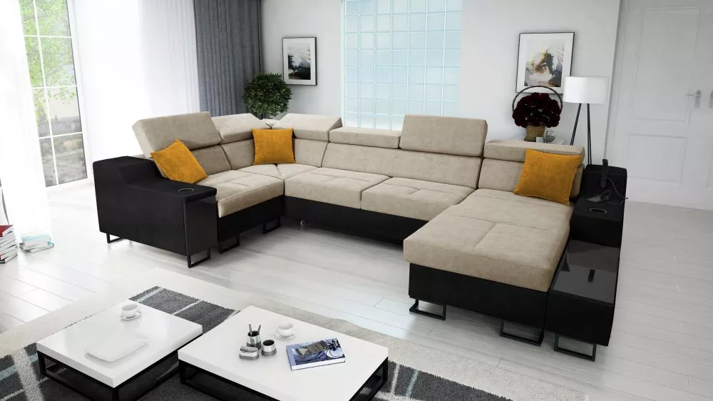 Dīvāns Alicante 4 Maxi Whisper Eco Standard · Bēšs + melns · 211 × 361 × 81 cm
