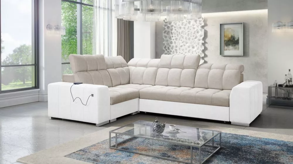 Dīvāns Pagano 2 Premium Standard · Tumši bēšs + balts · 209 × 285 × 83 cm