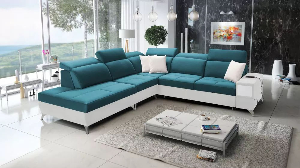 Dīvāns Deus 9 Premium Standard · Tirkīzs + balts · 286 × 300 × 83 cm