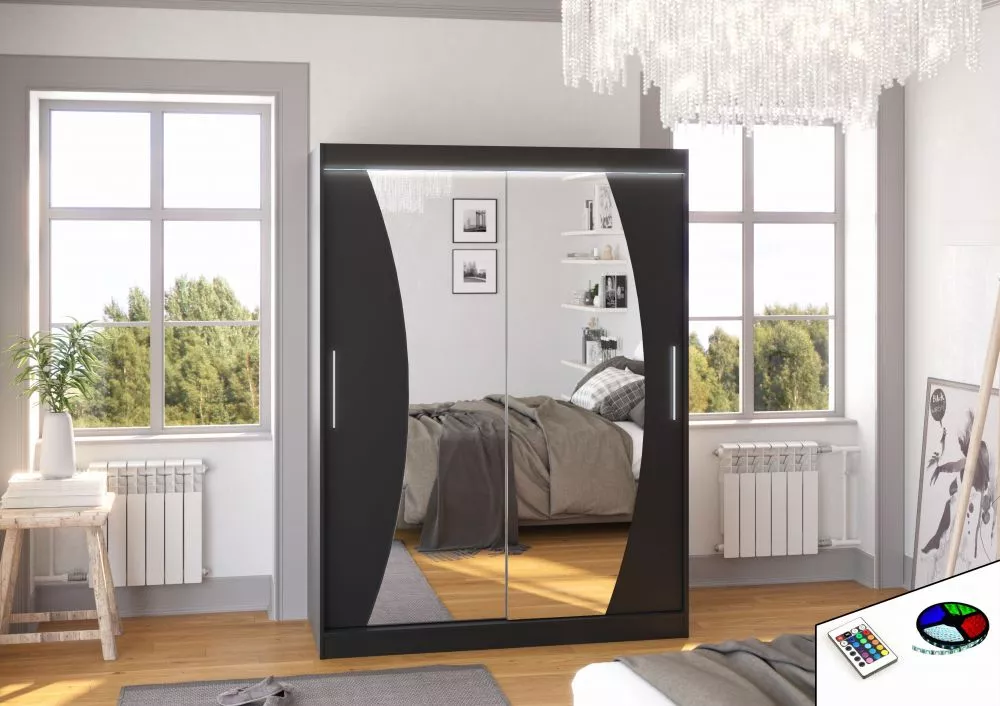 Skapis Modesto ar LED · Melns · 150 × 58 × 200 cm