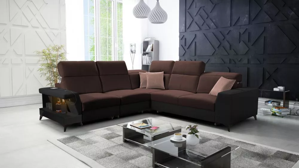 Dīvāns Belutti 3 Satin Black Standard ar LED · Tumši brūns + melns · 288 × 288 × 84 cm