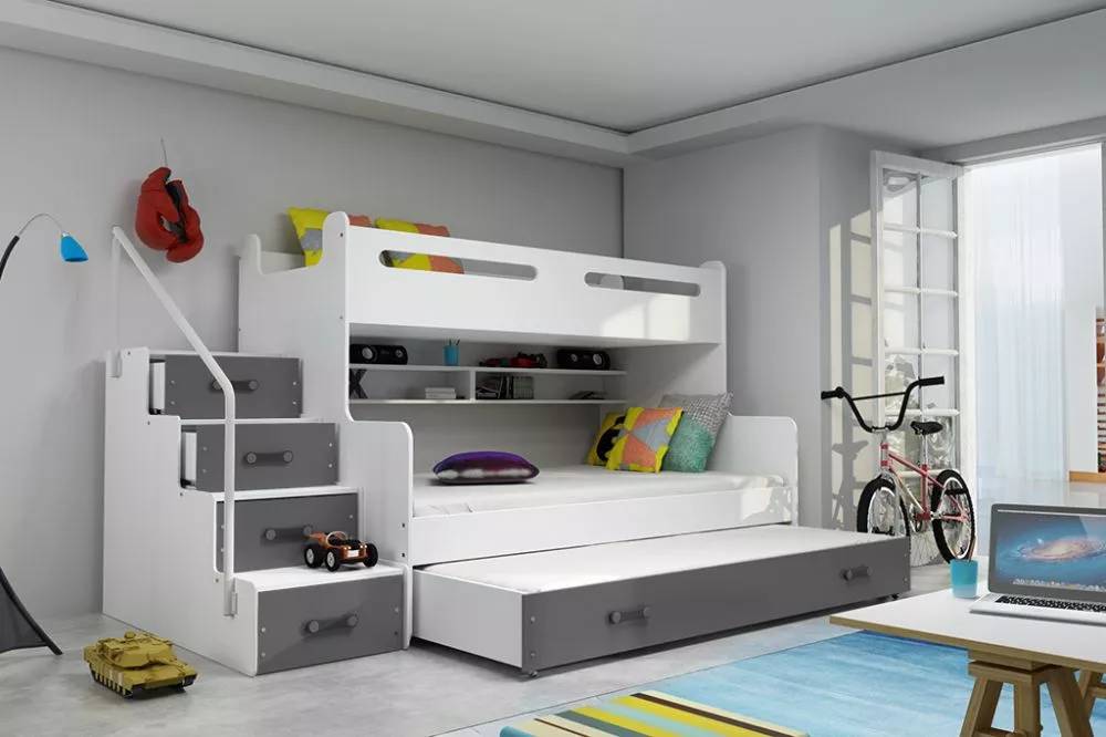 Bērnu gulta Max 3 Premium ar stelāžām Guļamvietas platums: 120 cm, Guļamvietas garums: 200 cm, · 124 × 258 × 145 cm