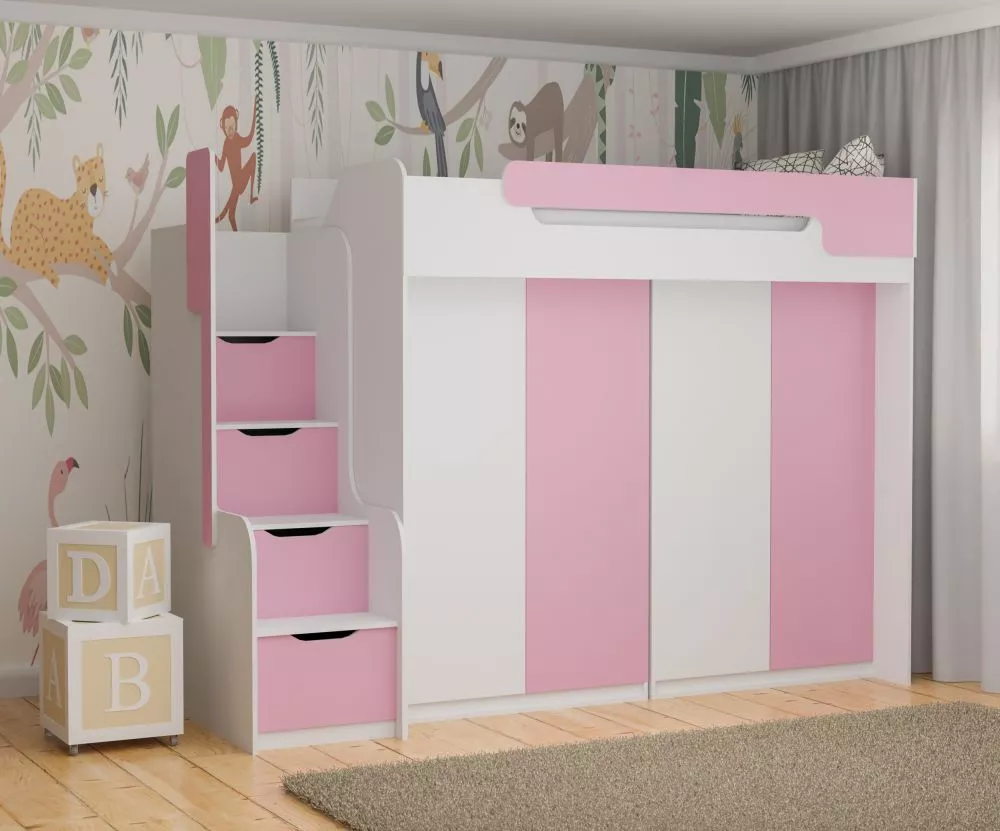 Bērnu gulta Dorian 4 90x200 ar stelāžu Guļamvietas platums: 90 cm, Guļamvietas garums: 200 cm, · 104 × 260 × 187 cm