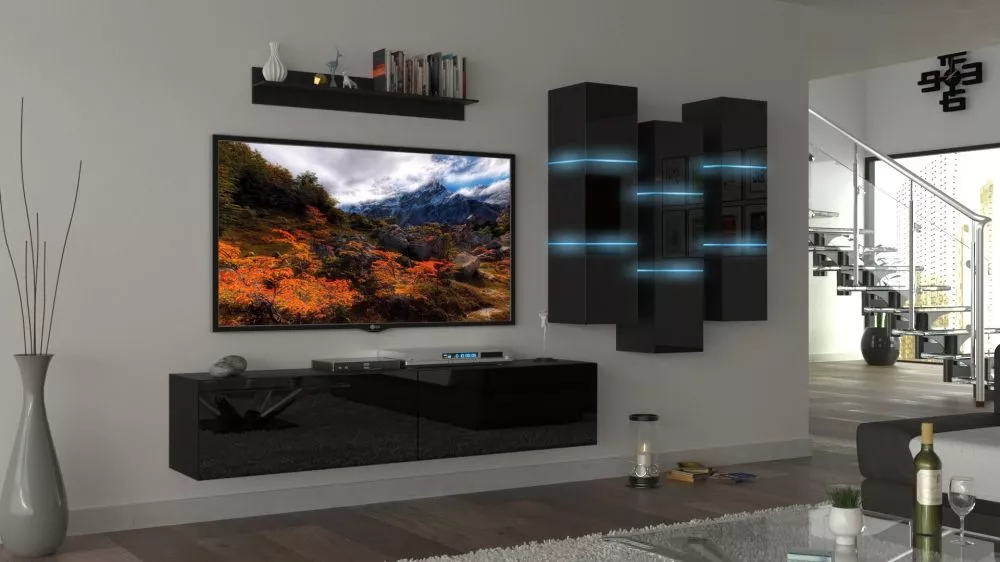 Sekcija Next 45 gloss ar LED · Melna · 303 × 35 × 190 cm