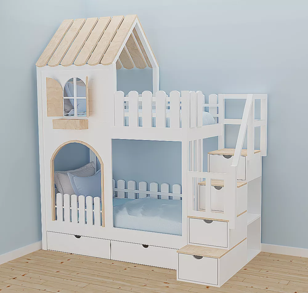 Bērnu gulta ID 114P ar stelāžām Kāpņu puse: Pa labi, Guļamvietas platums: 80 cm, Guļamvietas garums: 160 cm, · 112 × 212